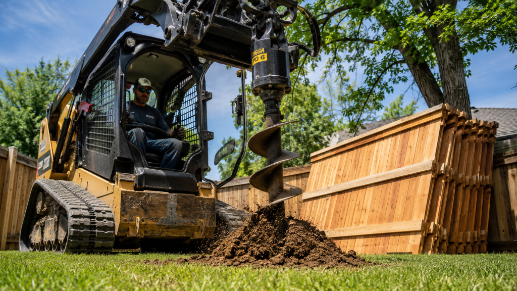 A professional fencing crew member operating a heavy-duty skid-steer with an auger attachment in a residential backyard